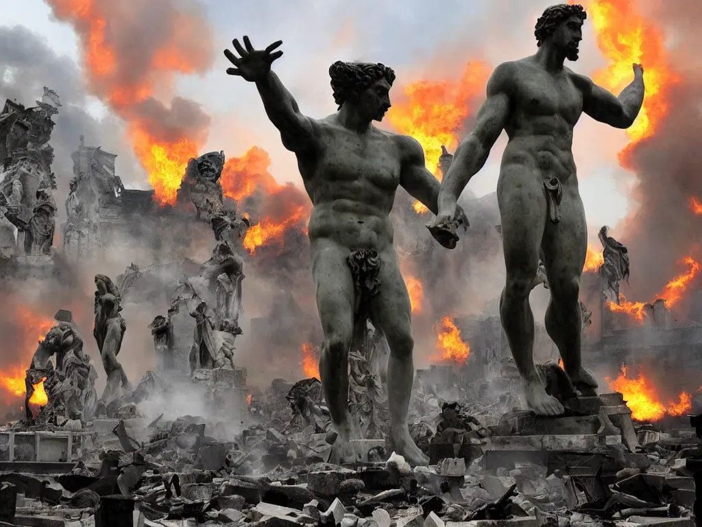 Prompt: giant greek statues attacking a city, ciry destruction ruins, debris flying around, swirls of fire