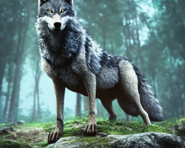 Image similar to a wolf standing on a riverbank in a forest, natural lighting, very coherent, ultra realistic, concept art, intricate details, highly detailed, photorealistic, octane render, 8 k, unreal engine