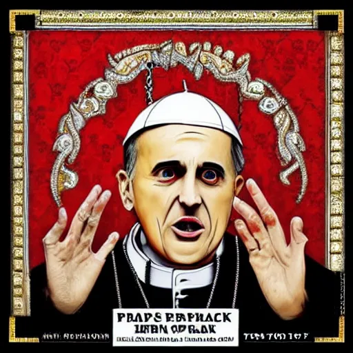 Prompt: pope with face tattoos wearing gold chain, hip hop album art,