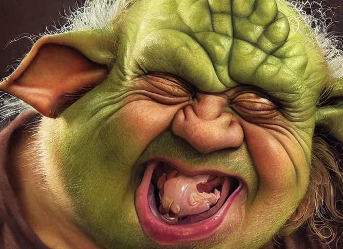 Image similar to a highly detailed portrait of Danny Devito as a crazy laughing drunk Yoda on a bad ketamine drug trip, pale green skin, descent into lunacy and madness, dizzy, trippy, artstation, cgsociety, very detailed, intricate, detailed illustration, by artgerm and greg rutkowski and alphonse mucha, sharp, smooth, masterpiece