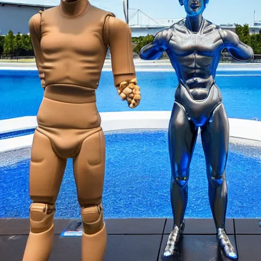 Image similar to a realistic detailed photo of a guy who is an attractive humanoid who is half robot and half humanoid, who is a male android, soccer player martin ødegaard, shiny skin, posing like a statue, blank stare, by the pool, on display, showing off his muscles, humanoid robot, frozen ice statue