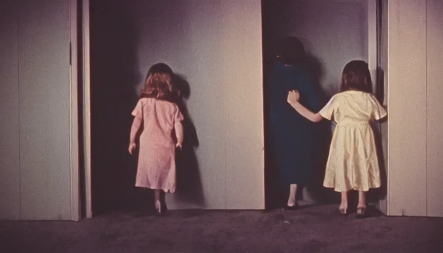 Prompt: 7 0 s film still from a horror movie with small child and elderly adult holding hands inside of a liminal space, back room, kodachrome, cinecolor, cinestill, photorealism, cinematic, film grain, film texture, vhs recording