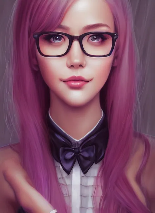 Prompt: beautiful, secretary woman, extremely detailed gorgeous face, looks realistic, hyper-detailed portrait, happy smile, vaporwave aesthetic, synthwave, magical, fantasy, ninchaku , artist Artgerm i and WLOP