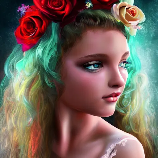 Prompt: a beautiful young girl, full body, turquoise eyes, curly blond, angel face, pointed ears, roses in her hair, hyper realistic, intricate, fairy look, cinematic, trending on art station, - s 2 4 5 7 3 0 6 9 2