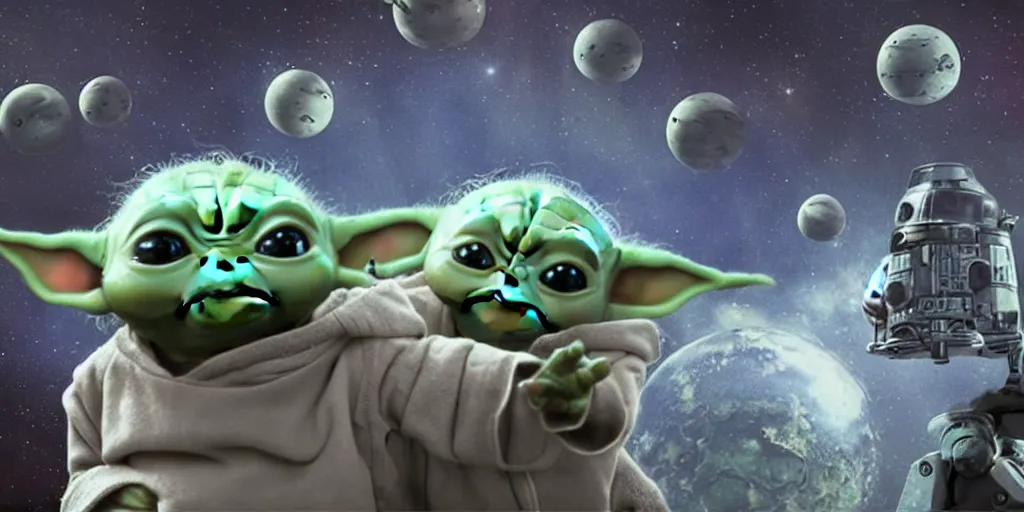 Image similar to a 3 d rendered movie still of baby yoda. baby yoda wears a spacesuit, and explores cosmos in a super awesome space ship. science fiction blockbuster movie baby yoda rules the world or i was a teenage yoda, dramatic lighting, imax 7 0 mm. buzz lightyear
