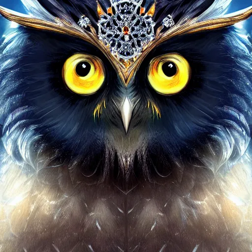 Image similar to detailed portrait of a magical owl, wearing a diamond crown, glowing feathers, digital art, realistic, dnd, character design, artstation