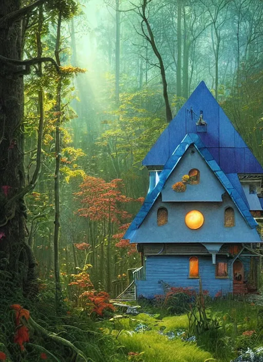 Image similar to hyper realistic witch cottage with solar panels with happy lighting and technology in the woods gorgeous lighting, sunbeams blue sky, lush forest foliage painting by zdzisław beksinski and norman rockwell and greg rutkowski weta studio, and lucasfilm