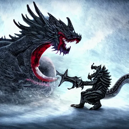 Image similar to fantasy warrior being eaten by a dragon in the snow