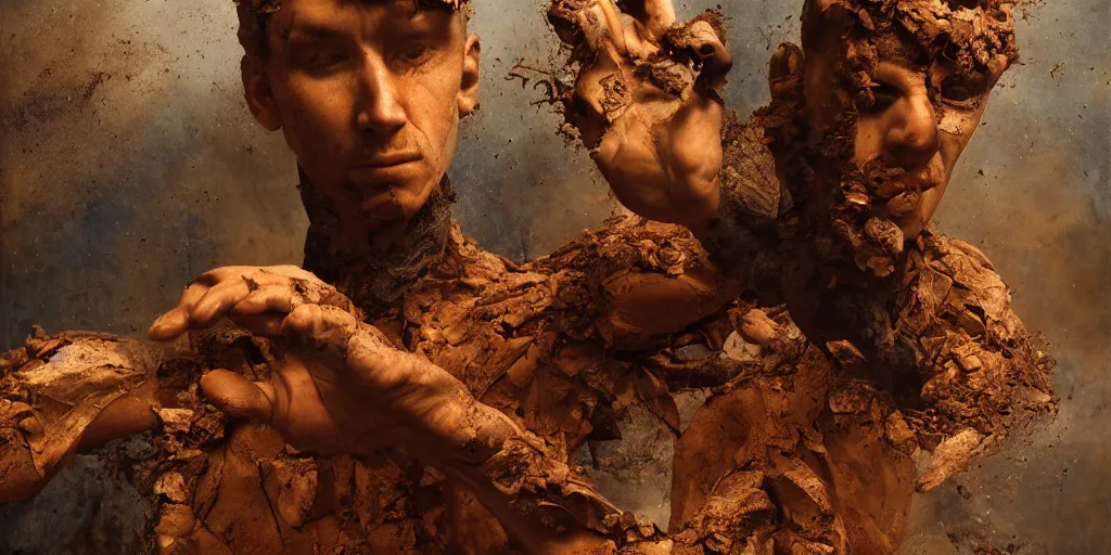 Image similar to highly detailed photography of a men made of rust clay and fire, rocks, hand gesture, sharp focus, dust particles, dirt, dramatic scene, aesthetic, wood, dynamic lighting, elegant, harmony, masterpiece, by roberto ferri, blue background, high quality, spatula