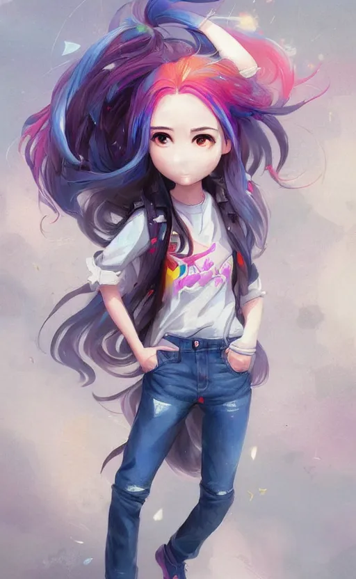 Image similar to a kawaii woman with rainbow hair, soft eyes and narrow chin, dainty figure, long hair straight down, kawaii shirt and jeans, In style of by Jordan Grimmer and greg rutkowski, concept art, highly detailed