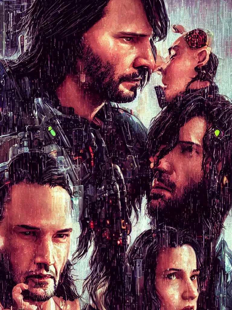 Image similar to a movie srcreenshot couple portrait of Keanu Reeves and V final kiss in cyberpunk 2077,love,film lighting,by Laurie Greasley,Lawrence Alma-Tadema,Andrei Riabovitchev,Dan Mumford,John Wick,Speed,Replicas,artstation,deviantart,FAN ART,full of color,Digital painting,face enhance,highly detailed,8K,octane,golden ratio,cinematic lighting