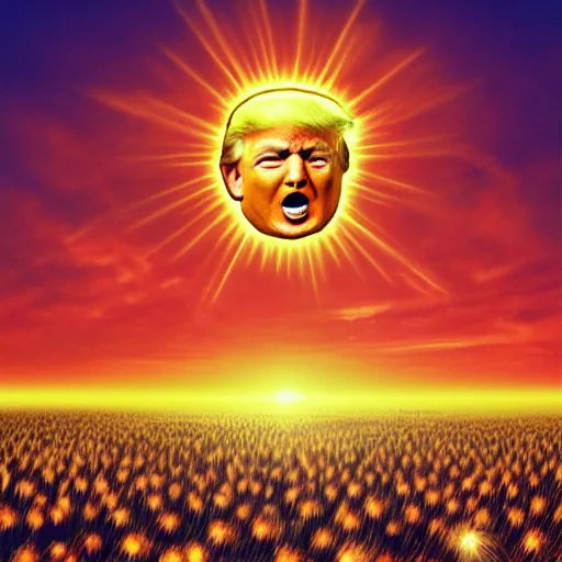 Image similar to donald trump as the sun looking over a field, millions of screaming karens. digital painting, high detail, 8 k, film still