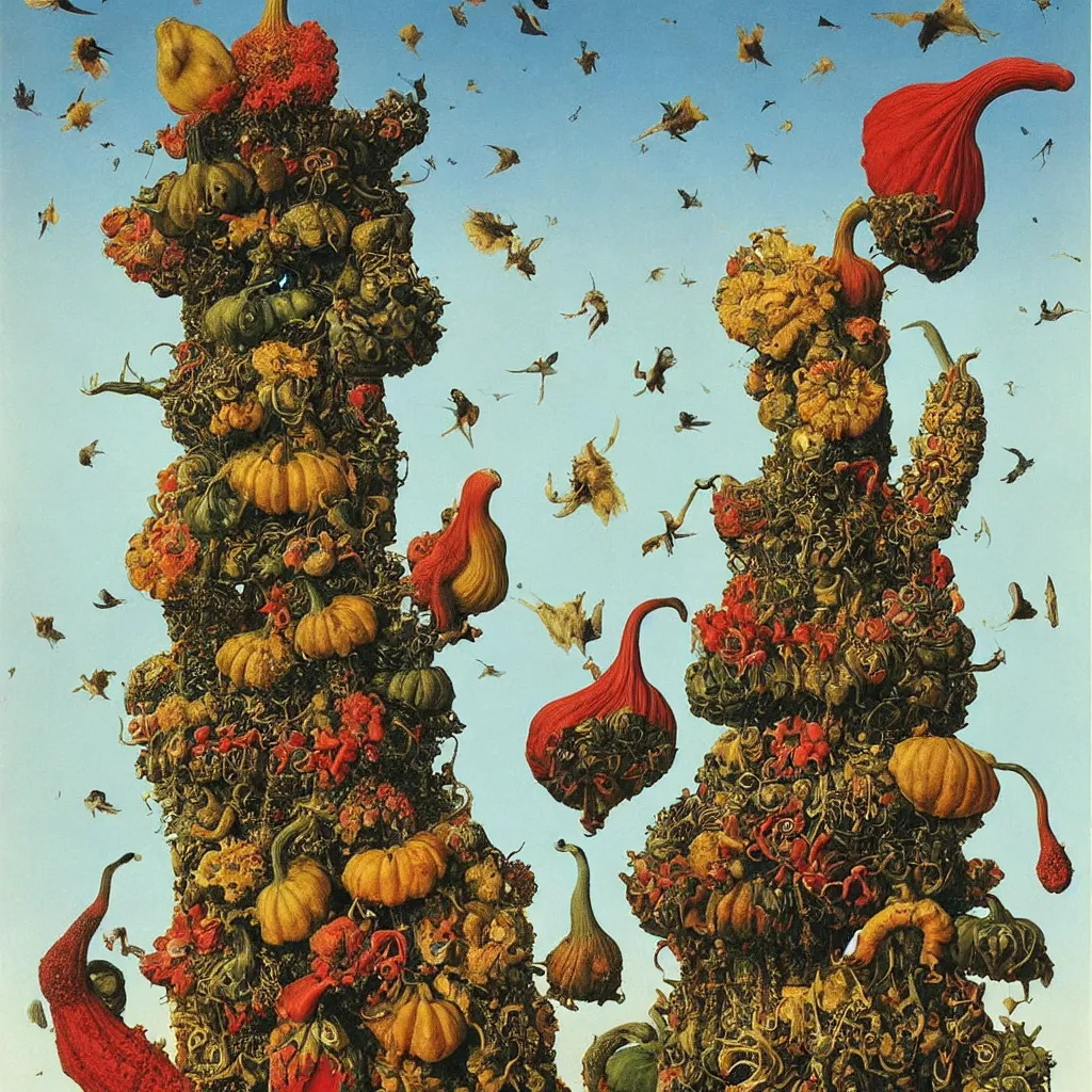 Prompt: a single! colorful! ( eldritch ) gourd fungus bird tower clear empty sky, a high contrast!! ultradetailed photorealistic painting by jan van eyck, audubon, rene magritte, agnes pelton, max ernst, walton ford, andreas achenbach, ernst haeckel, hard lighting, masterpiece