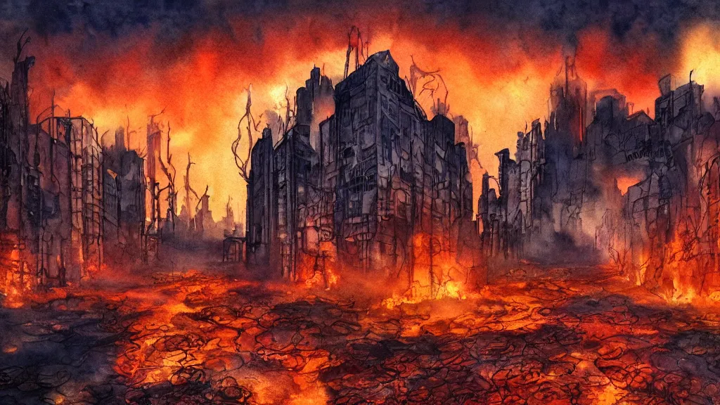 Image similar to a watercolor painting of an abandoned fiery city in hell, scary, bright, fantasy, smoke, fire, circular, digital art,