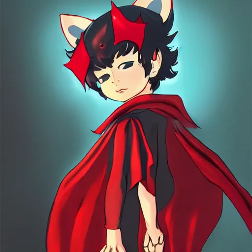 Prompt: little boy with cat ears in an black latex suit with red cape. digital artwork made by lois van baarle and kentaro miura, sharpness focus, anatomically correct