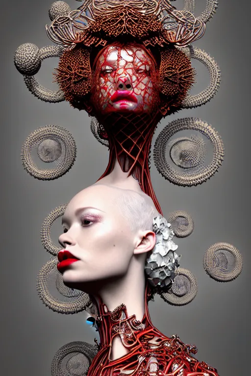 Image similar to complex 3 d render, hyper detailed ultrasharp beautiful biomechanical mandelbrot fractal steampunk filigree mesh wire female cyborg portrait with a porcelain profile face, albino afro, red lips, rim volumetric lights, elegant crown with hydrangea foliage leaves stems roots, alexander mcqueen haute couture, art nouveau fashion, hyperrealistic, octane render, 8 k