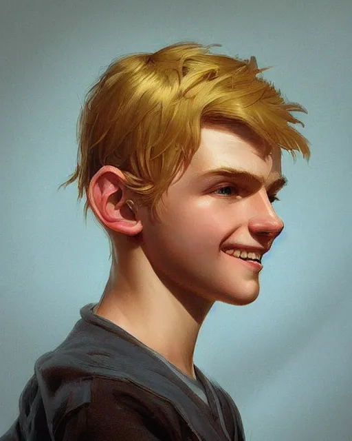 Prompt: 1 5 - year - old boy with blonde hair, round - face, and slightly buck - toothed, highly detailed, digital painting, artstation, concept art, smooth, sharp focus, illustration, art by artgerm and greg rutkowski and alphonse mucha