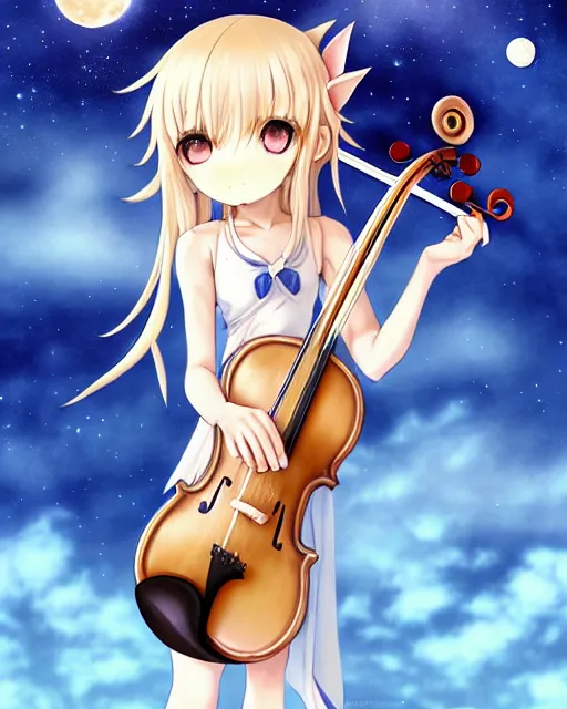 Image similar to chibi, cute, female, full body, elf girl with white skin and golden long wavy hair, holding a violin and playing a song, stunning art style, filters applied, lunar time, night sky, trending art, sharp focus, centered, landscape shot, fate zero, simple background, studio ghibly makoto shinkai yuji yamaguchi, by wlop