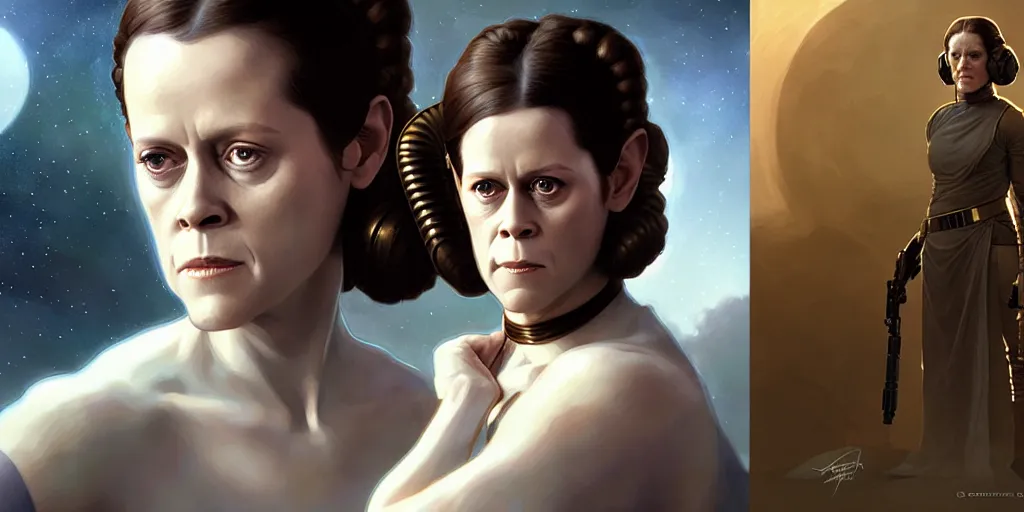 Image similar to young sigourney weaver as princess leia, cinematic, highly detailed, digital painting, artstation, concept art, matte, sharp focus, illustration, art by artgerm and greg rutkowski and alphonse mucha