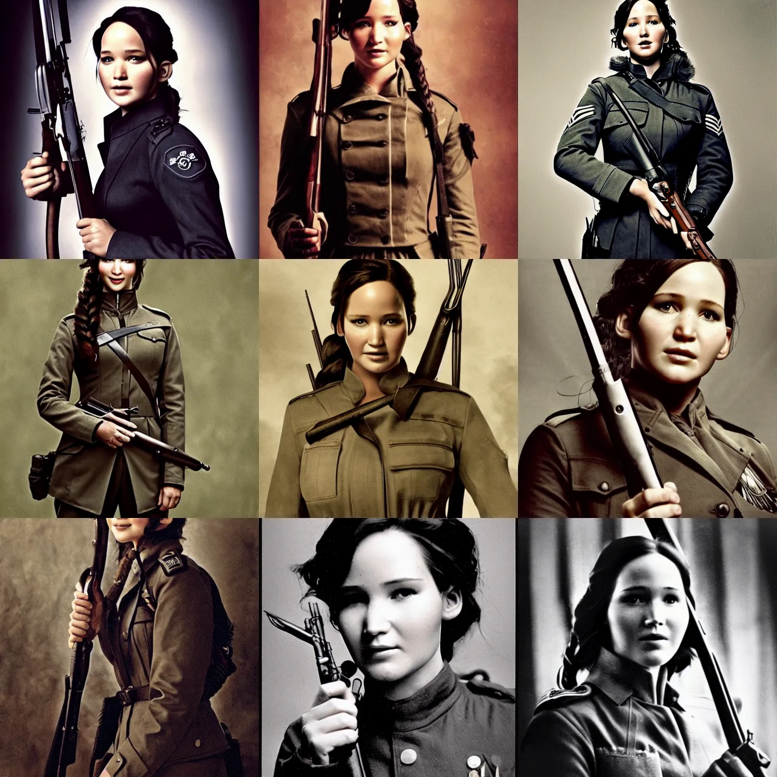 Prompt: Katniss Everdeen as a WW1 Officer, wearing a trenchcoat, holding a revolver toward the camera, smiling, photo by Annie Leibovitz