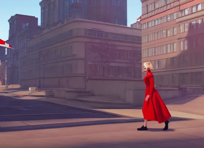 Image similar to inspiring beautiful girl carrying a red propaganda flag walking through beautiful futuristic city by Edward Hopper and Dan Mumford, Unreal Engine 5, Lumen, Nanite