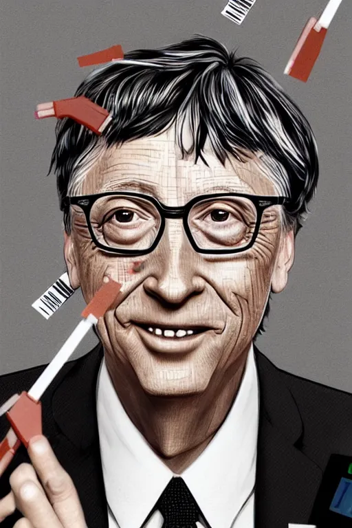 Prompt: bill gates with a barcode on his forehead and dozens of hypodermic needles sticking out of him, concept art, digital art, trending on deviantart