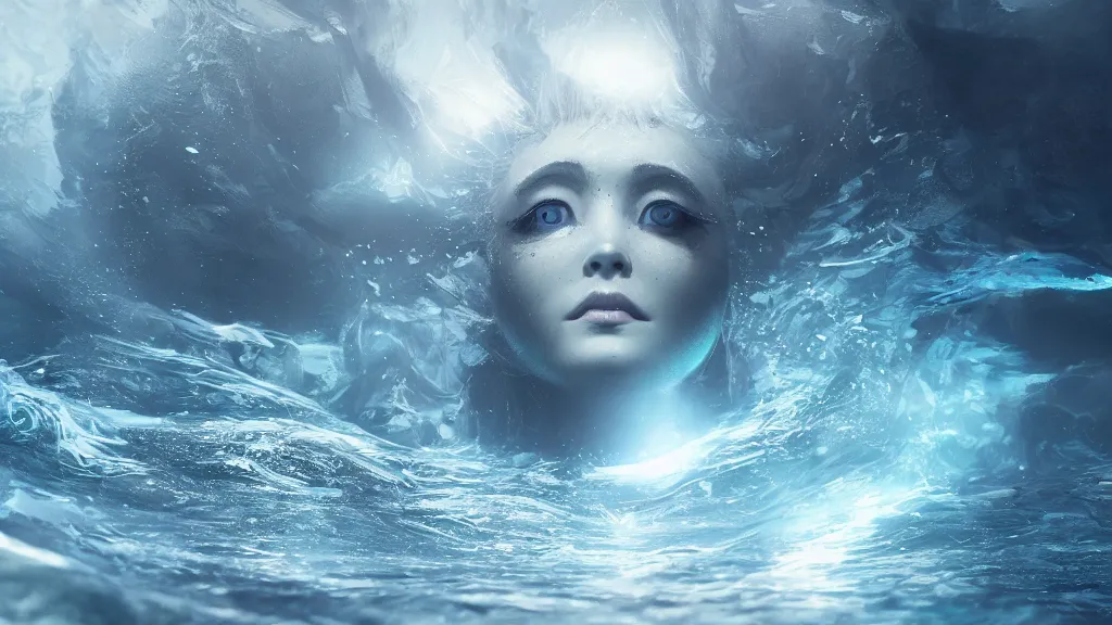 Prompt: a centered wide shot of an single lonely water elemental in the ocean omnious depths , elegant, transluscent, reflections, focus, detailed, realistic eyes, horizontal partial symmetry features proportions, intricate facial skin details, award winning, trending in cgsociety artstation deviant art, octane render