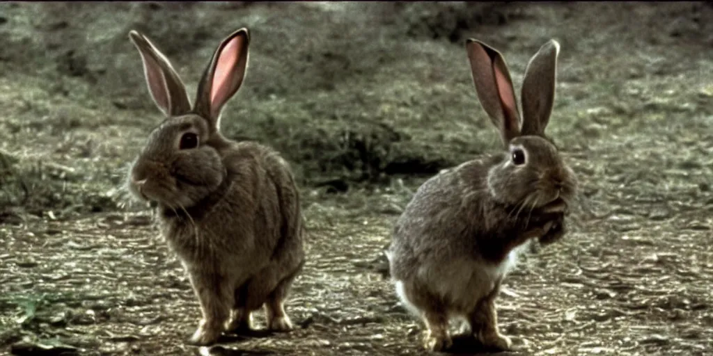 Prompt: a rabbit in the movie goldeneye, screenshot