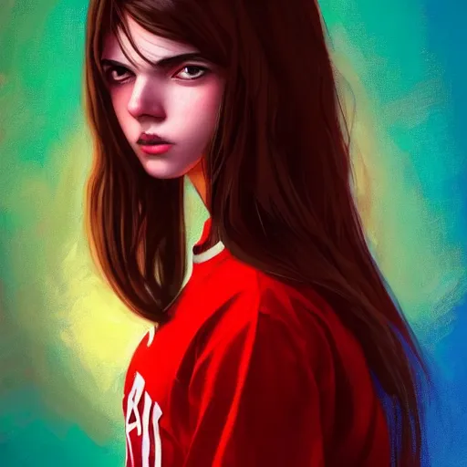 Image similar to colorful and festive captivating teenager with straight brown hair covering his eye, dark skin, big lips, big eyes, wearing a red t - shirt. rich vivid colors, ambient lighting, dynamic lighting, 4 k, atmospheric lighting, painted, intricate, highly detailed by charlie bowater