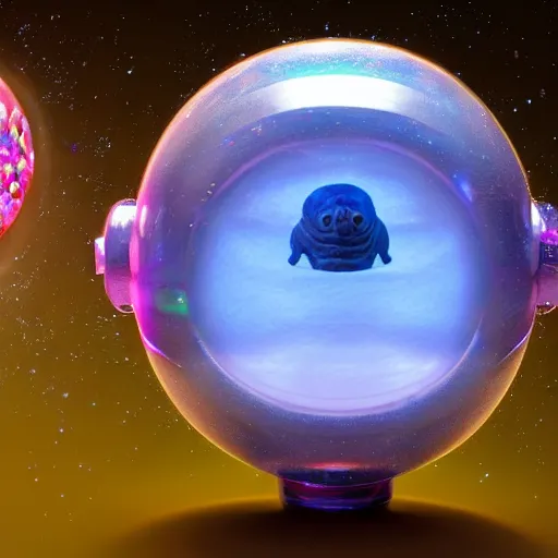 Prompt: a very cute looking tardigrade with a big crystal ball, a hologram by pascal blanche, featured on zbrush central, crystal cubism, made of crystals, rendered in maya, rendered in unreal engine