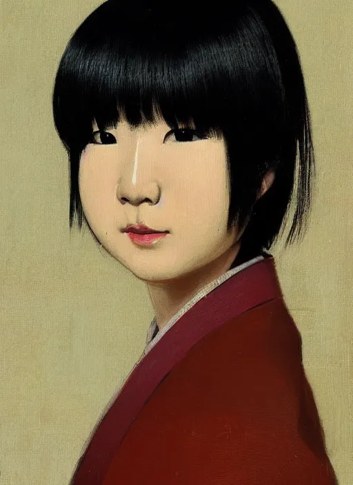 Prompt: Painting of a Japanese woman with bangs in the style of Jean-Léon Gérôme