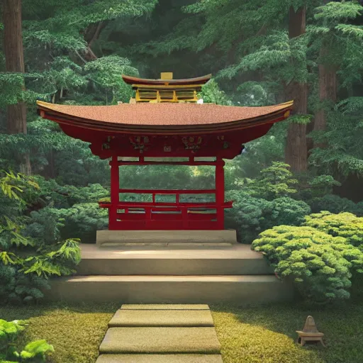 Image similar to an isometric 3 d render of a shinto shrine in the forest, isometric, octane render, unreal engine