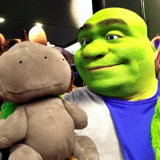 Prompt: a terrible knockoff plush toy of Shrek being sold on ebay, photograph, poorly taken photograph, weird angle, realistic, hyperrealistic, very detailed, extremely detailed, dark lighting, poor lighting, very realistic, thumb on the camera lens, HD quality, 8k resolution, funny