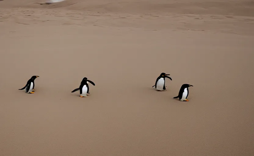 Prompt: happy penguins in sand dunes, photography