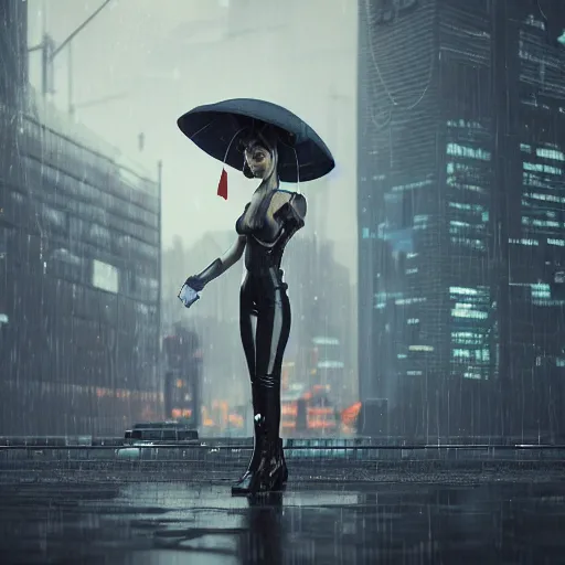 Image similar to a picture of a woman holding an umbrella in the rain, futuristic city, cyberpunk art by fyodor vasilyev, zbrush central contest winner, cubo - futurism, synthwave, darksynth, retrowave