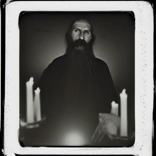 Image similar to trail _ camera _ photo _ of _ a _ breaton monks looking like rasputin with lit candles _ realistic _ spooky _ grimdark _ night _ black _ and _ white, polaroid