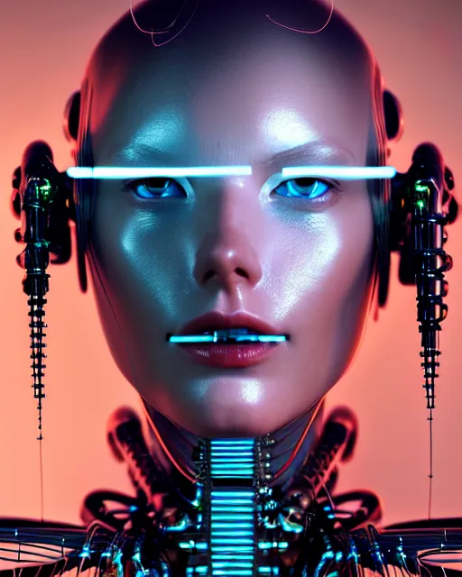 Prompt: portrait of cybernetic female wearing epic bionic cyborg implants, wires, tubes, biomechanical details, super model, prismatic highlights, telephoto, depth of field, cinematic, macro, concept art, 5 0 mm, artstation, digital painting, elegant, focus, octane render, v - ray, 8 k, c 4 d, by karol bak