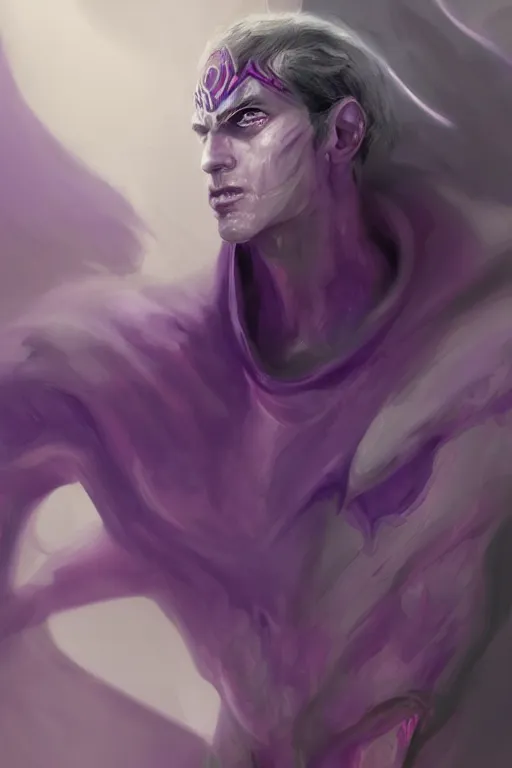 Image similar to male djinn man demon hybrid, portrait, concept art, purple cloak, single face, illustration, costume design, white spiral horns, editorial photo, fashion, hyperrealism, realism, trending on artstation, Charlie Bowater, WLOP