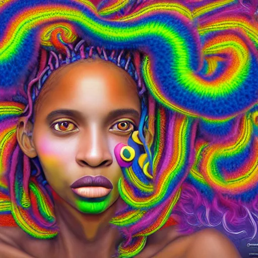 Image similar to a wide angle shot of a black girl with colorful dreadlocks in a field of candy, by Adi granov and afarin sajedi and amanda sage and evgeni gordiets and Agostino Arrivabene and adonna khare in a psychedelic portrait style, ultrarealistic matte painting, volumetric lighting, fractal, extremely symmetrical, highly detailed face, orisha, 8k, hd