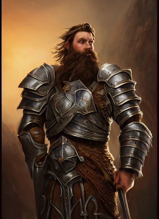 Image similar to Human Paladin, combed back Brown hair, short beard, grumpy, plate armor, Ivan Aivakovsky, Boris Vallejo, epic fantasy character art, D&D Concept Art, full length, Realistic, Regal, Refined, Detailed Digital Art, Oil Paining, Exquisite detail, post-processing, masterpiece, Cinematic Lighting, Unreal Engine, 8k, HD