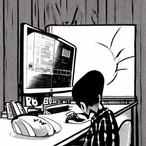 Prompt: portrait of bored saitama sitting in front of a computer by yusuke murata and mcbess