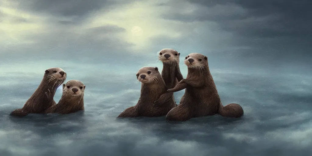 Image similar to Two adorable otters falling in love holding hands side by side, all alone in the middle of a scary storm at sea, fantasy illustration, cinematic, award winning, romantic, detailed trending on artstation, masterpiece