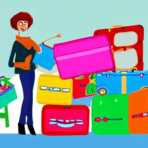 Prompt: a cartoonish painting of an open suitcase containing a vast pile of toys that rises all the way to the ceiling, the pile of toys blocks the background, and standing next to the suitcase a woman holds more toys