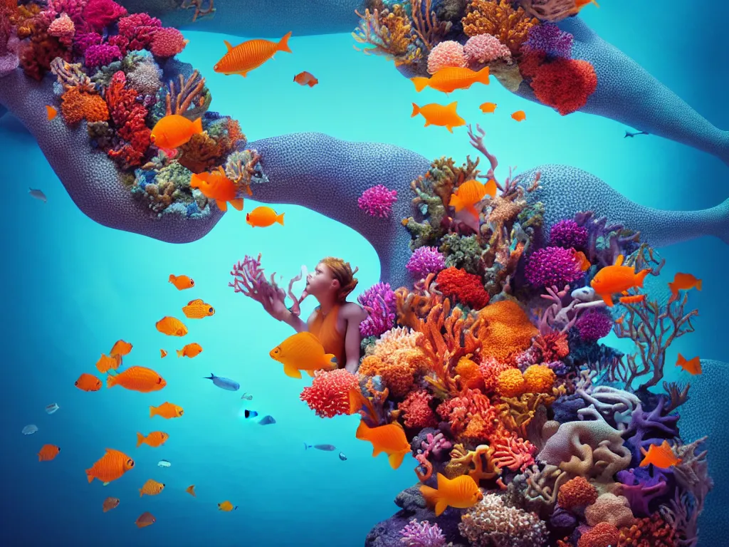 Image similar to a sculpture of fish ocean intertwined, diode lighting, a lovely cornucopia of flowers and human body parts, body parts, highly detailed, octane render, cinematic, sharp focus, clean, studio lighting, sunset, great barrier reef, on sea level