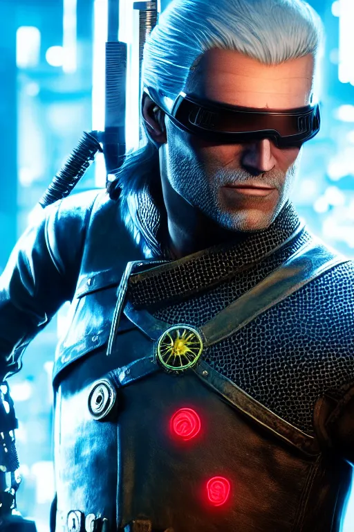 Image similar to geralt of rivia wearing futuristic leather jacket and futuristic goggles, geralt of rivia wielding a neon broadsword, cyberpunk 2 0 7 7, medium shot, background is filled with neon lights and futuristic vehicles, trending on artstation, ultra realistic, 4 k