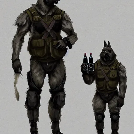 Image similar to two humanoid german shepherds beast - men in military style, they holding a beer, artstation, concept art, smooth, sharp foccus ilustration, artstation