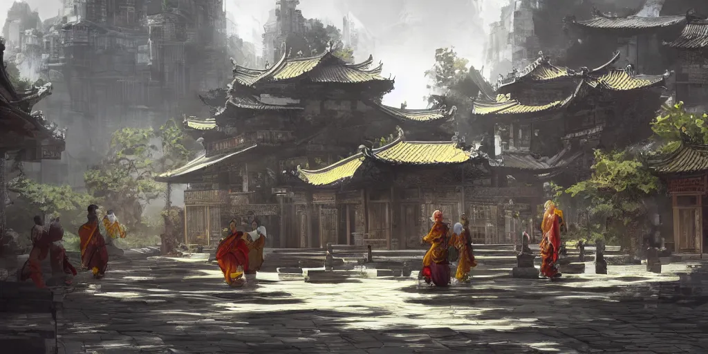 Image similar to vietnamese temple scene, side scroller, 2 d game art background, sharp, detailed, intricate, game level design, cinematic lighting, ultrarealistic, photorealistic, trending on artstation, in the style of yoji shinkawa and greg rutkowski and federico pelat