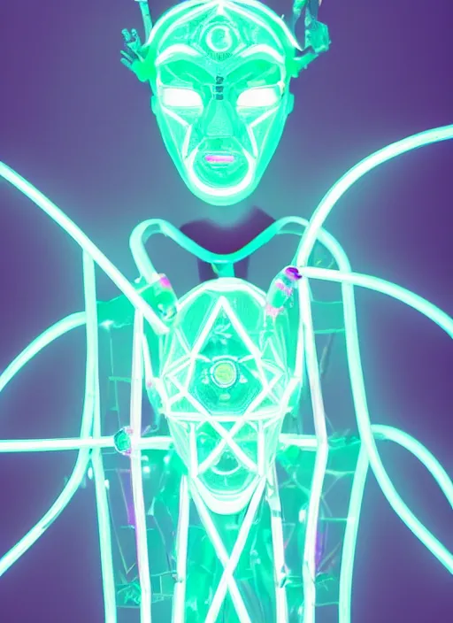 Image similar to photo of fullbodied baroque and bladerunner delicate neon diamond sculpture of robot onyx albino marble prince kai harvatz dotado pink iridescent robotic mask psychedelic, reclining, glowing magenta face, crown of white diamonds, cinematic lighting, photorealistic, octane render 8 k depth of field 3 d