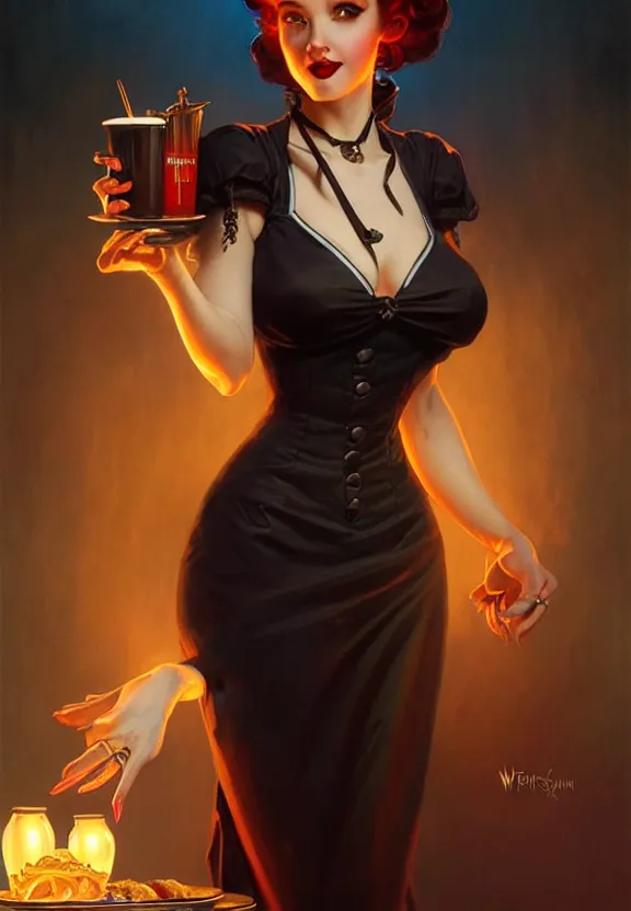 Image similar to Necromancer waitress of a small 50’s style diner, fantasy magic, dark pin-up style hair, dark light night, intricate, elegant, sharp focus, illustration, highly detailed, digital painting, concept art, matte, art by WLOP and Artgerm and Greg Rutkowski and Alphonse Mucha, masterpiece