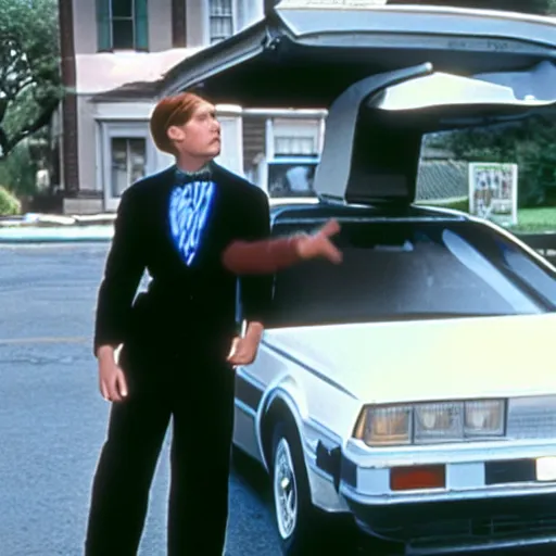 Image similar to Live Action Still of Jerma in Back to the Future, real life, hyperrealistic, ultra realistic, realistic, highly detailed, epic, HD quality, 8k resolution, body and headshot, film still